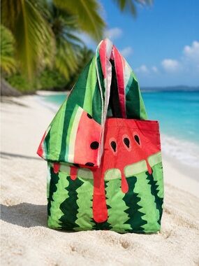 Watermelon-Print Summer Tote Bag in Green & Red with Beach Towel NWOT